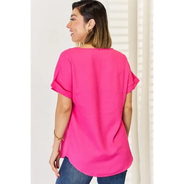 Zenana V-Neck Rolled Short Sleeve T-Shirt