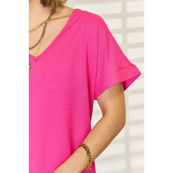 Zenana V-Neck Rolled Short Sleeve T-Shirt