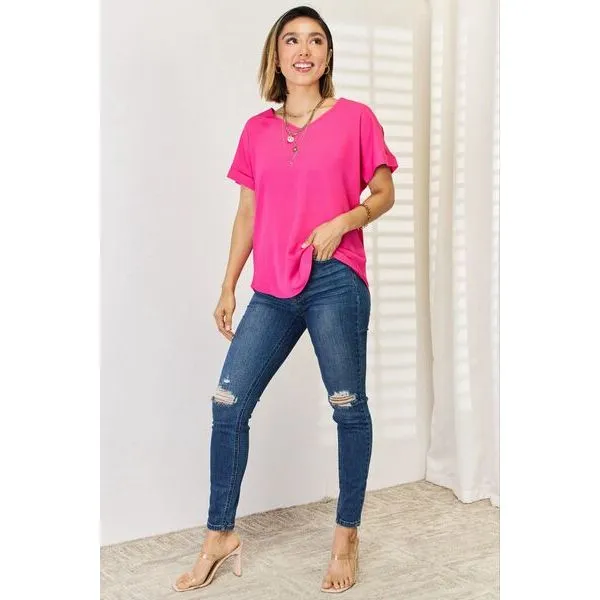 Zenana V-Neck Rolled Short Sleeve T-Shirt
