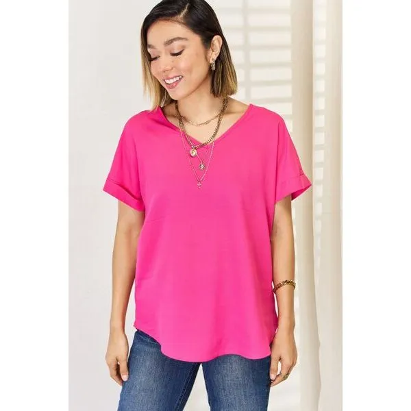 Zenana V-Neck Rolled Short Sleeve T-Shirt